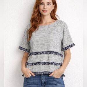 Chico's Faris Fringe Crop Top Gray Blue Space-Dye Sz 12 Boho Folk Festival